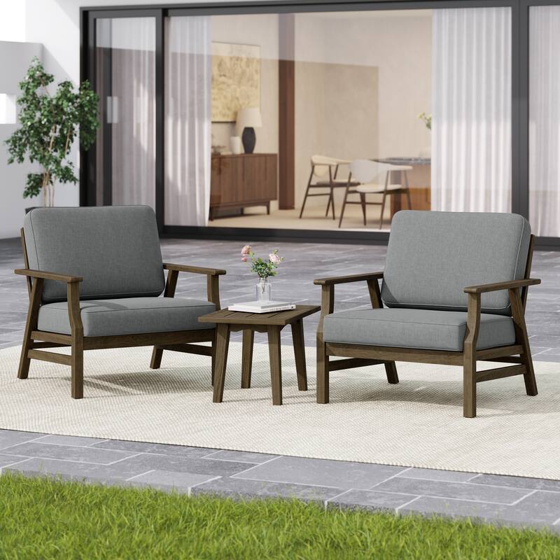 3-piece Cushioned Outdoor Club Chiars With Side Table - NaturalFrame/Grey - NaturalFrame