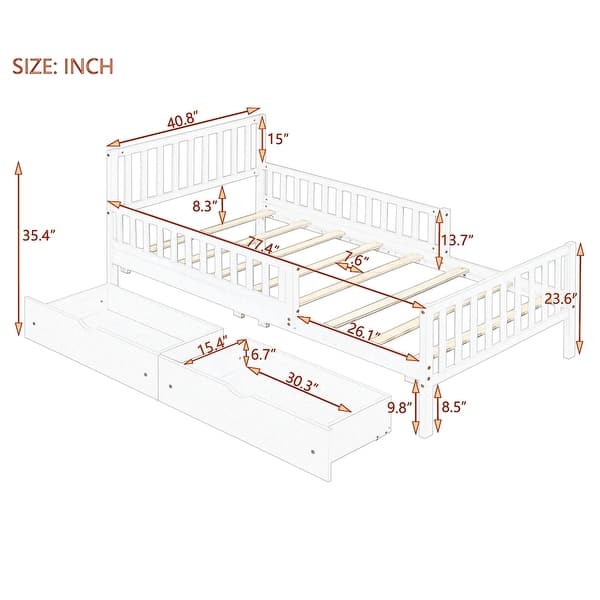 dimension image slide 5 of 6, Wood Platform Bed with 2 Storage Drawers & Both Sides Guardrails, Storage Bed Frame for Bedroom, Guest Room