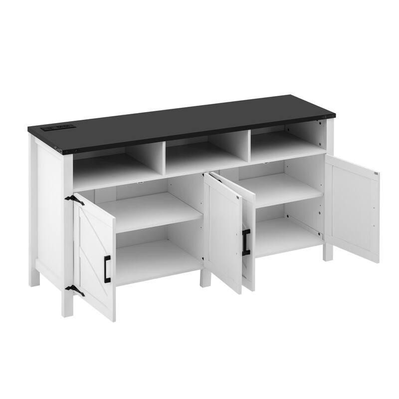 4-Door Wooden Sideboard, Buffet Cabinet with Power Outlets & USB Ports, Storage Cabinet with Adjustable Shelves & Open Shelves