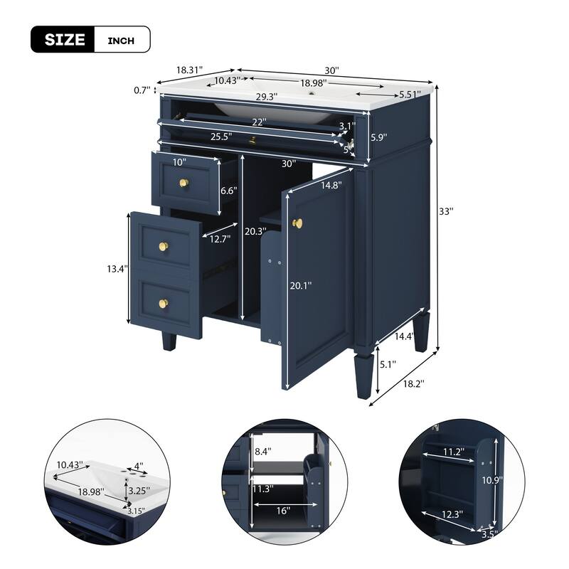 30'' Freestanding Bathroom Vanity with White Integrated Ceramic Sink - 30'' x 18.3'' x 33.8''