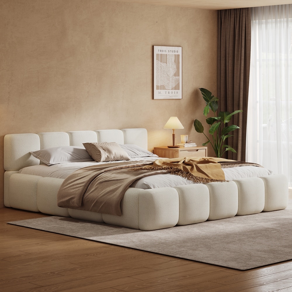 Christopher Knight Home Evelyn Platform Bed with Boucle Upholstery and Thick Block-Style Headboard