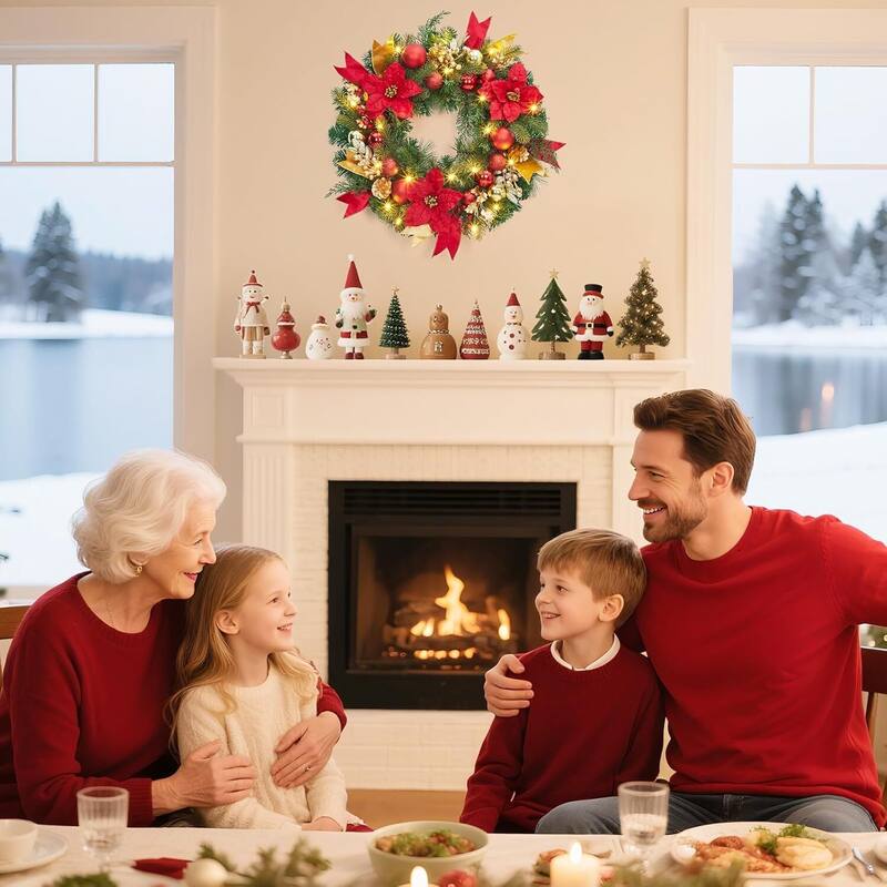 24 Inch PVC Christmas Wreath, Red and Golden Ornament Wreath for Front Door, Fireplace and Table - N/A
