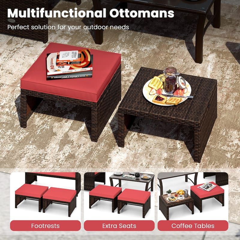 Set of 2 Outdoor Rattan Footstools Ottomans with Cushions for Patio Decor or Garden Seating - 16" L x 19" W x 9.5" H