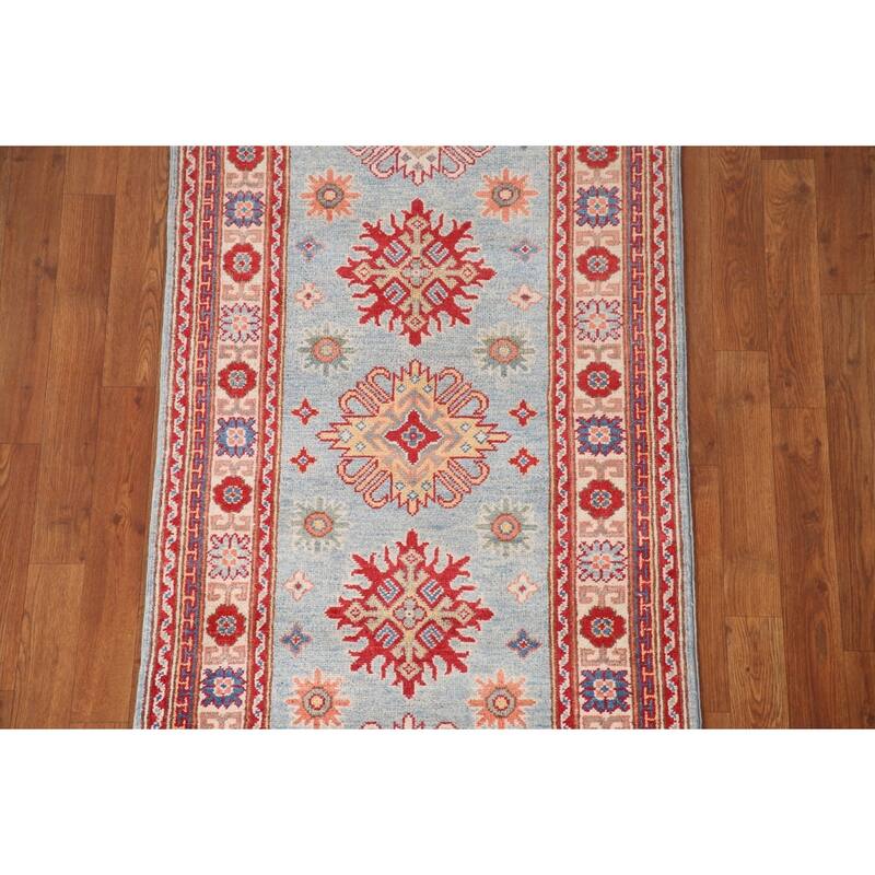 Light Blue Geometric Kazak Runner Rug Hand-Knotted Wool Carpet - 2'8" x 6'6"