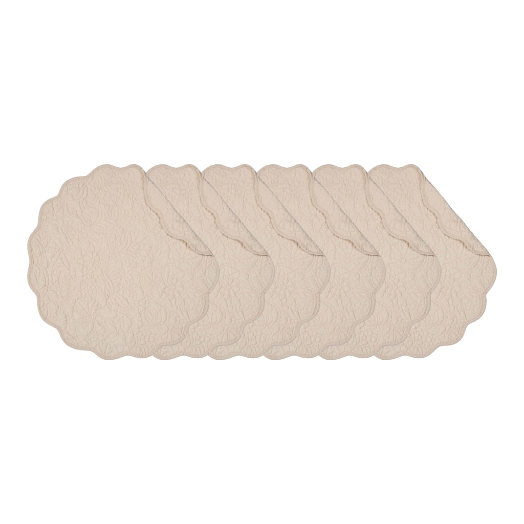 Christiana Khaki Reversible Machine Washable Round Scallop Quilt Placemats Set of 6 - Beige