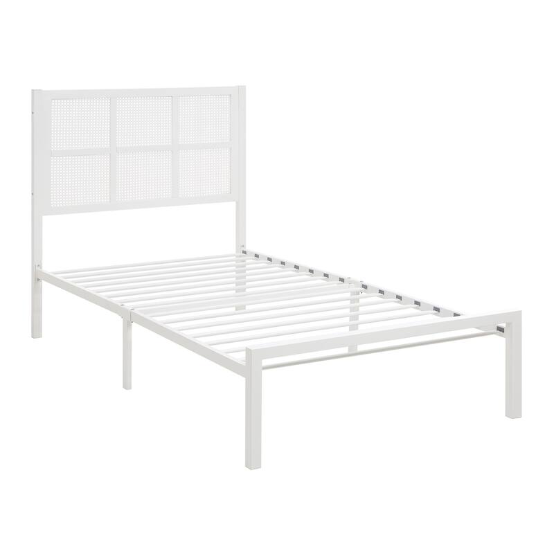 Twin Platform Bed with Faux Cane Headboard, White Metal Frame, No Box Spring Needed, Coastal Style Bedroom Furniture