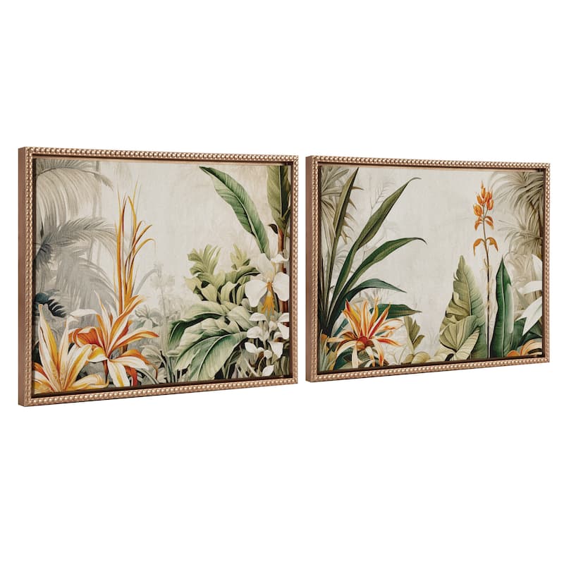 Kate and Laurel Sylvie Beaded Retro Jungle Botanical 1 and 2 Framed Canvas Art Set by The Creative Bunch Studio