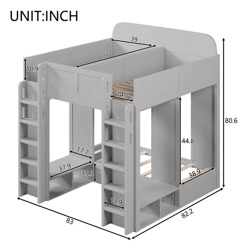 Roomfitters Triple Bunk Bed with Twin, Twin and Twin XL Beds, Storage Shelves and Hooks