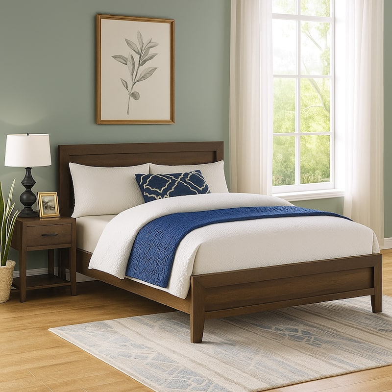 Wooden Queen Bed with Molded Trim Headboard and Chamfered Legs, Brown