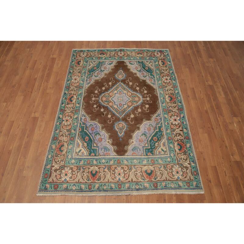 Hand Knotted Oriental 100% Wool Carpet Traditional Floral Brown Tabriz Area Rug - 6' 6'' X 4' 7''