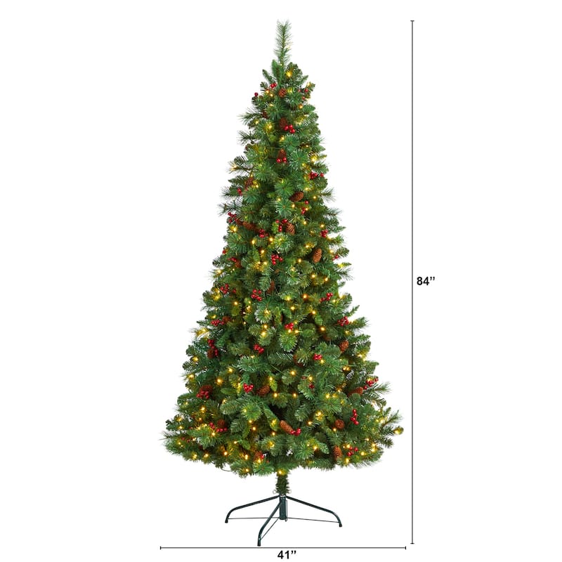 7Ft Artificial Christmas Tree with Warm White Lights & Pinecone Accents - Green - 84
