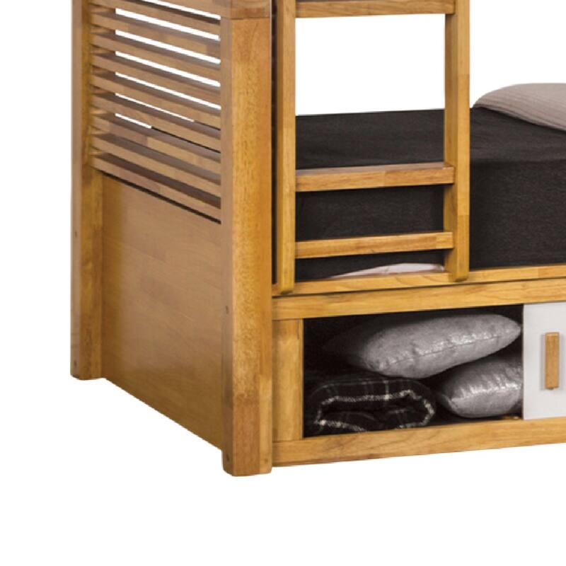 Dilu Twin over Twin Bunk Bed, Light Oak Brown Hardwood, Reversible Ladder