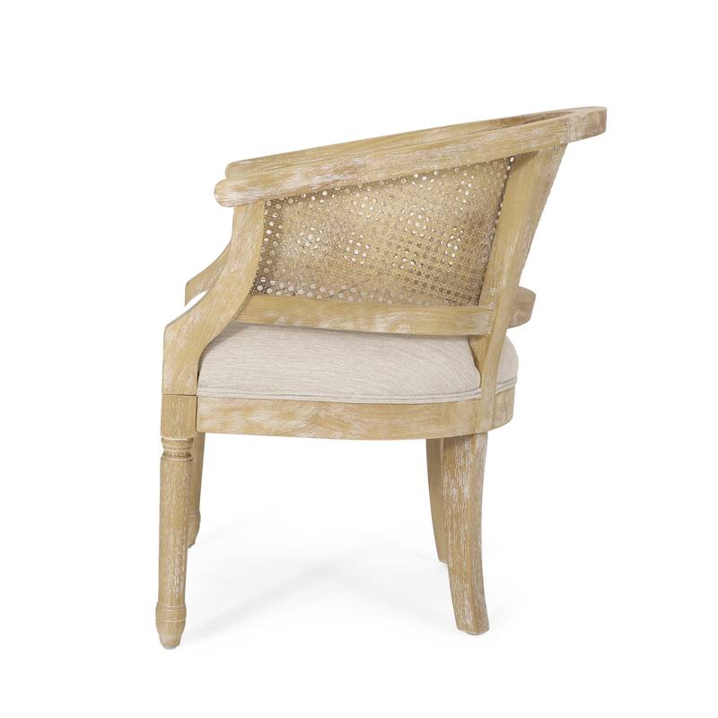Roomfitters Natural Rattan Barrel Accent Chair, Cane Woven Backrest with Upholstered Seat