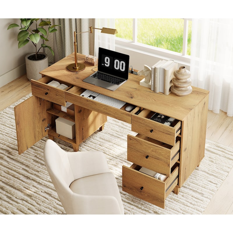 WAMPAT Home Office Furniture Set, 58" Executive Desk with Cabinet, 3-Column 71" Tall Bookcase with Doors and Adjustable Shelves