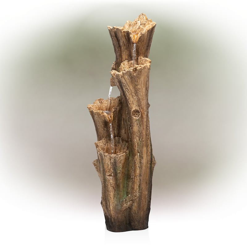 Alpine Corporation 47" Tall Outdoor 3-Tier Cascading Tree Bark Water Fountain with LED Lights