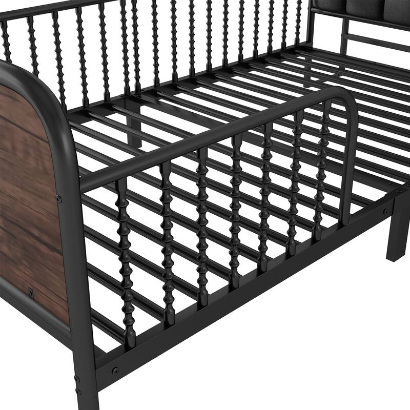 Kids Platform Bed Metal Frame with Linen Fabric Upholstered Storage Headboard Built-in Light Strip, Both Sides Rails