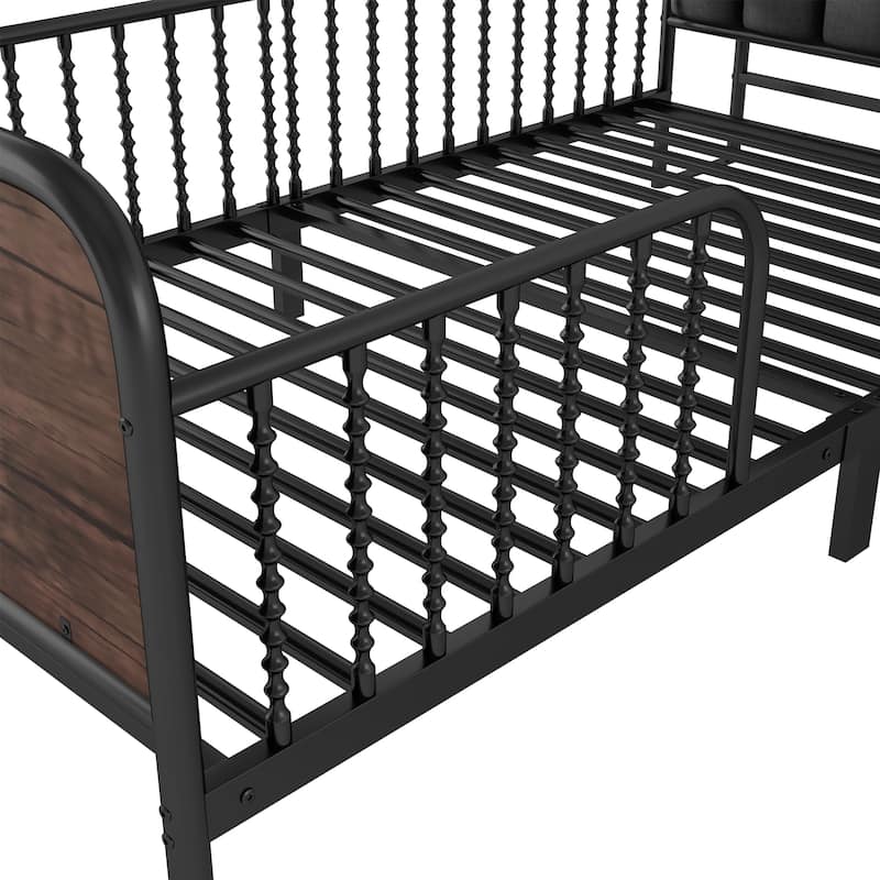 Twin Size Metal Platform Bed Frame with Light, Kids Twin Metal Bed with Upholstered and Storage Headboard