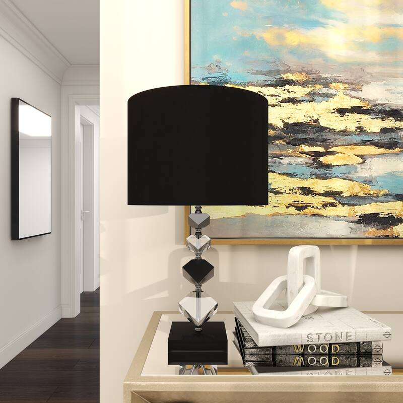 Clear Crystal Geometric Diamond Inspired Room Table Lamp with Black Crystal Base and Black Shade