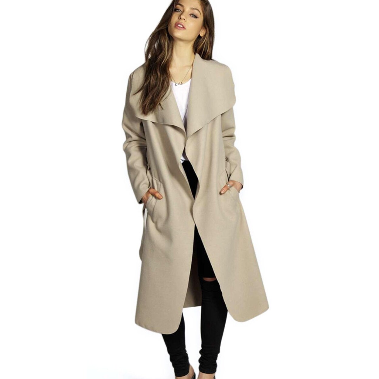 Shop Winter Coat Women Wide Lapel Belt Pocket Wool Blend Coat
