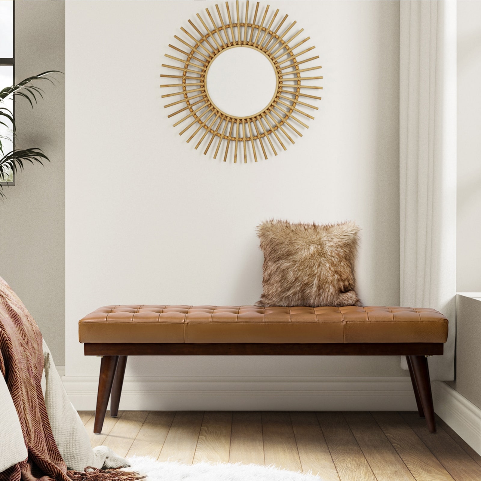 HULALA HOME Felisa Modern Genuine Leather Tufted Bench with Solid Wood Base