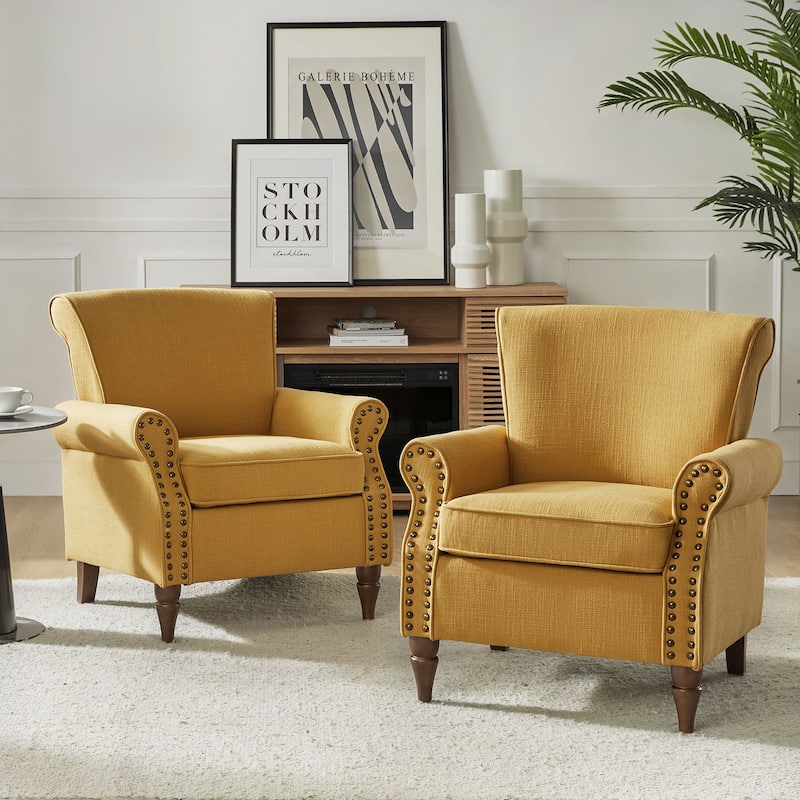 Nyctelius Upholstered Comfy Accent chair with Turned Wooden Legs and Nailhead Trim Set of 2 by HULALA HOME