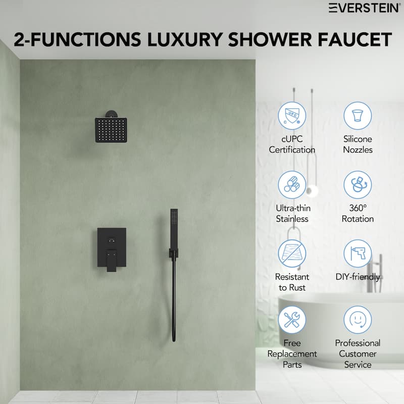 Wall Mounted 6 in Rain Shower Head Bathroom Shower Faucet Set 2-Setting Square Shower System With Rough-In Valve, & Handheld