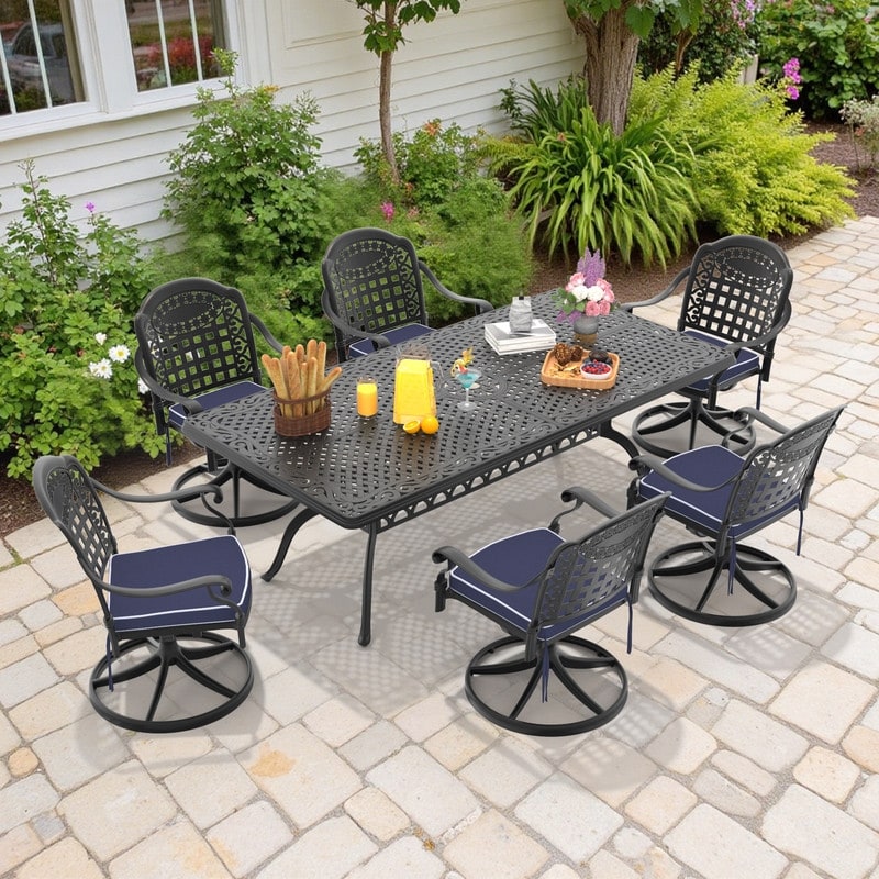 7-Piece Aluminum Rectangular Outdoor Patio Dining Set, 6 Cushioned Swivel Chairs, Table, All-Weather Frames