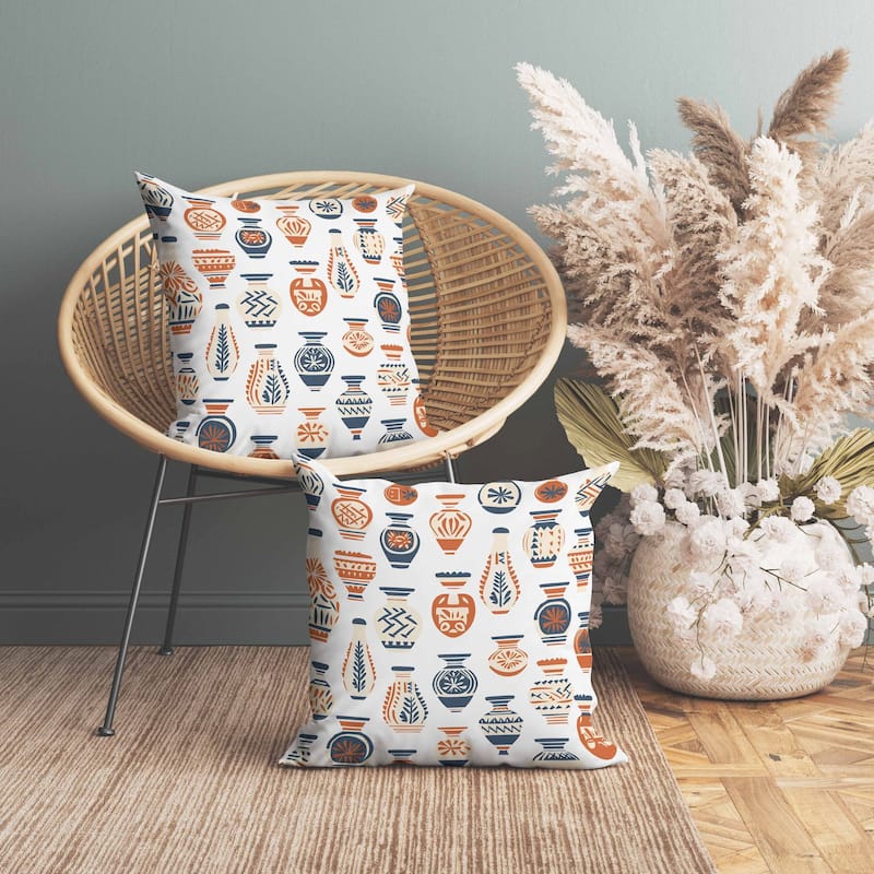 Mystical Pottery Faux Suede Reversible Throw Pillow White and Orange