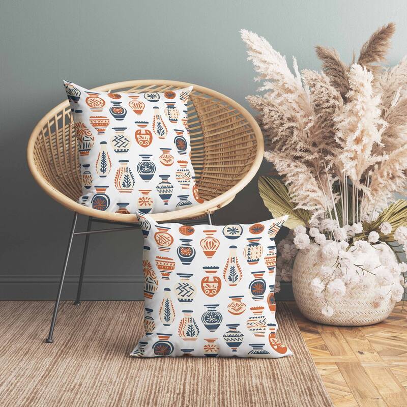 Mystical Pottery Indoor/Outdoor Reversible Throw Pillow White and Orange