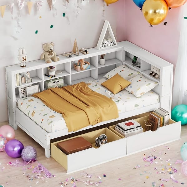 slide 2 of 20, 2 Color Wooden Twin Daybed with 2 Drawers, Kids' Bed with Storage Shelf and USB Charging Ports White