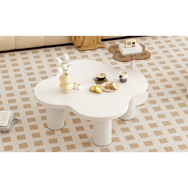 Set of 2, Modern Coffee Table Irregular Shape Coffee Table with 4 Roman Column Legs and Glass Top, for Living Room