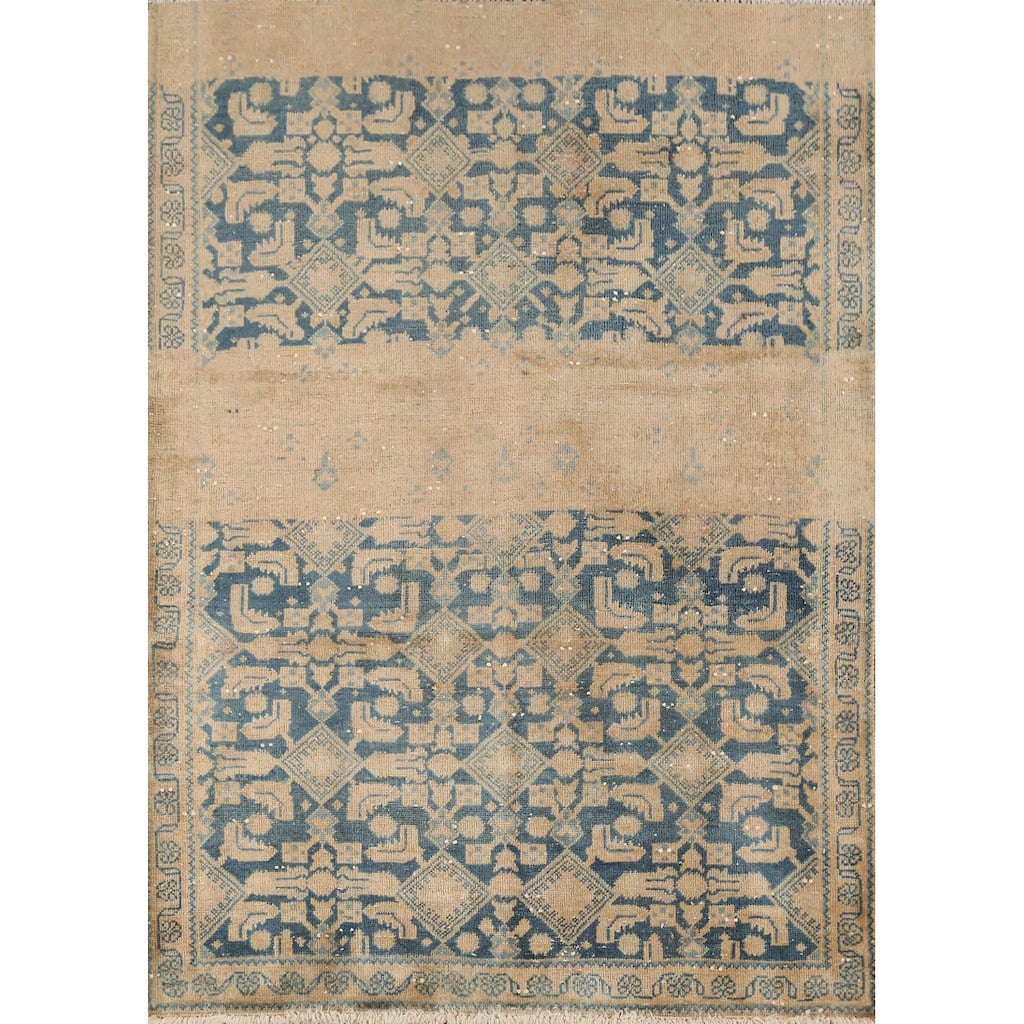 Hand Knotted Oriental 100% Wool Carpet Traditional Geometric Navy Blue & Blues Tabriz Area Rug - 4' 6'' X 3' 8''