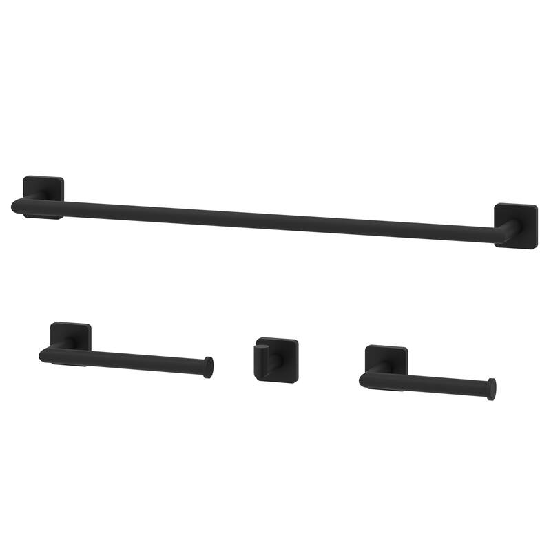 VIGO Satro 4-Piece Bathroom Hardware Accessory Set with 24 in. Towel Bar, Toilet Paper Holder, Hand Towel Holder, Hook - Matte Black