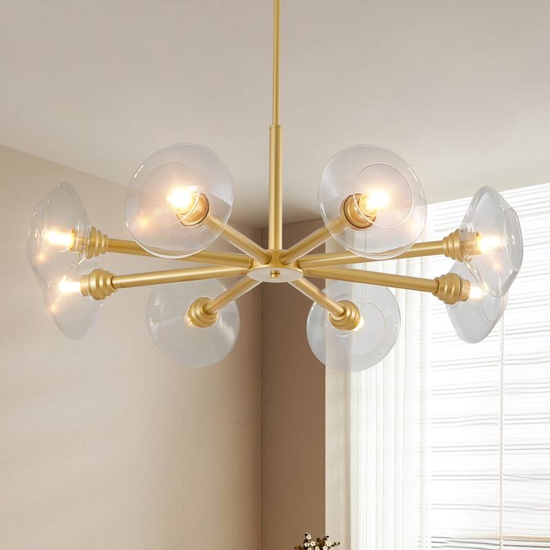 Mid-Century Hanging Pendant Light 8-Light Chandelier with Clear Glass Shades, for Dining Room, Living Room and Kitchen, Gold