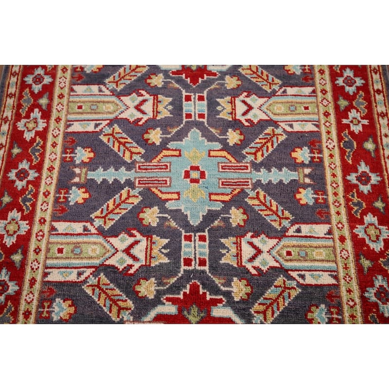 Geometric Kazak Accent Rug Hand-Knotted Blue Wool Carpet - 2'9" x 4'1"