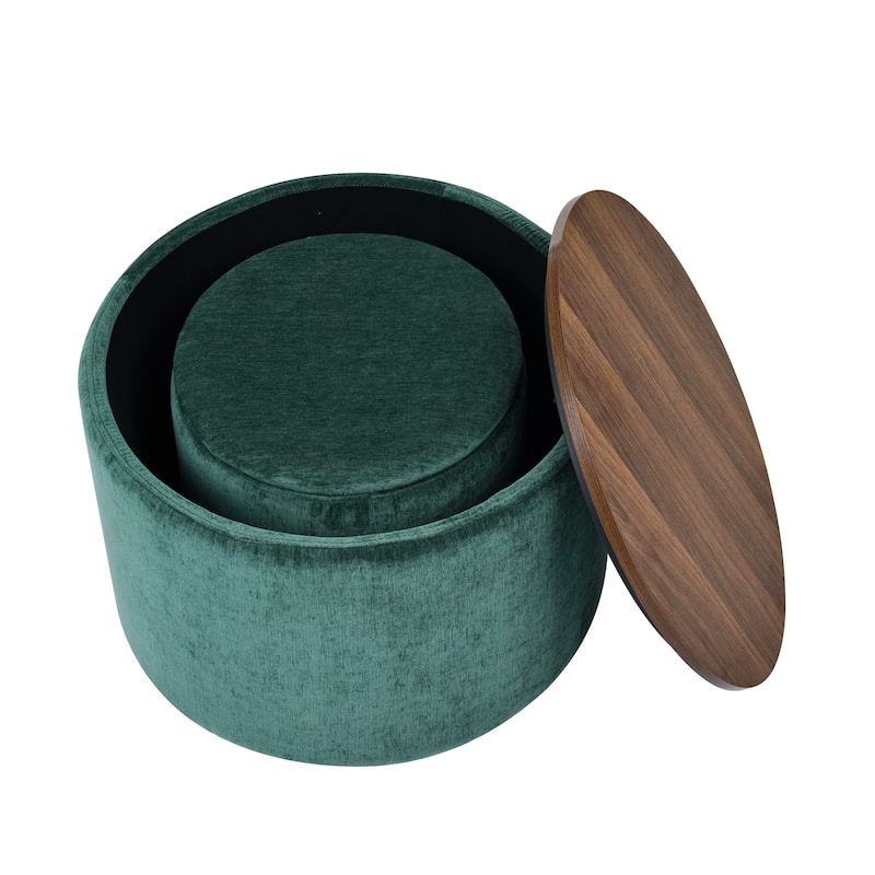 2-Piece Set Round Chenille Storage Ottoman, Equipped with a Drum Shaped Small Stool,Storage Space