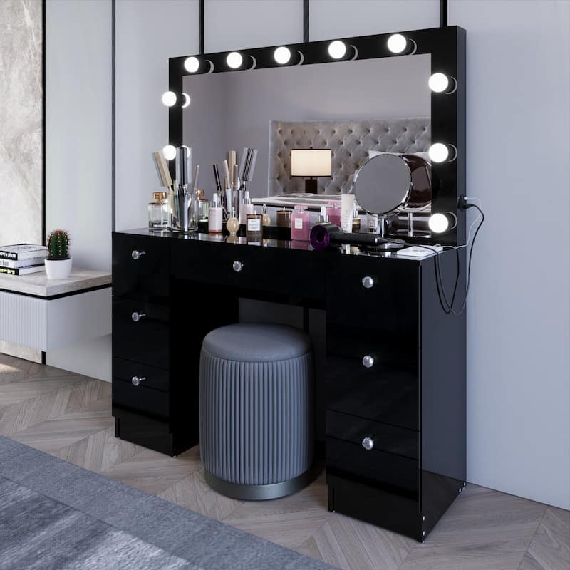 Boahaus Vanity Desk Glass Top with 7 Drawers & Lights Crystal knobs