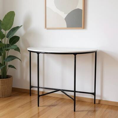 HomeRoots 36" White and Black Genuine Marble and Iron Half Moon Console Table - 36.00 in. x 30.00 in. x 18.00 in.
