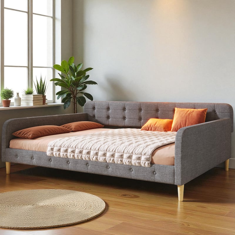 Queen Size Upholstered Daybed with Linen Fabric, Solid Wood Frame & 4 Support Legs, Sofa Bed for Guest Room - Grey - Queen