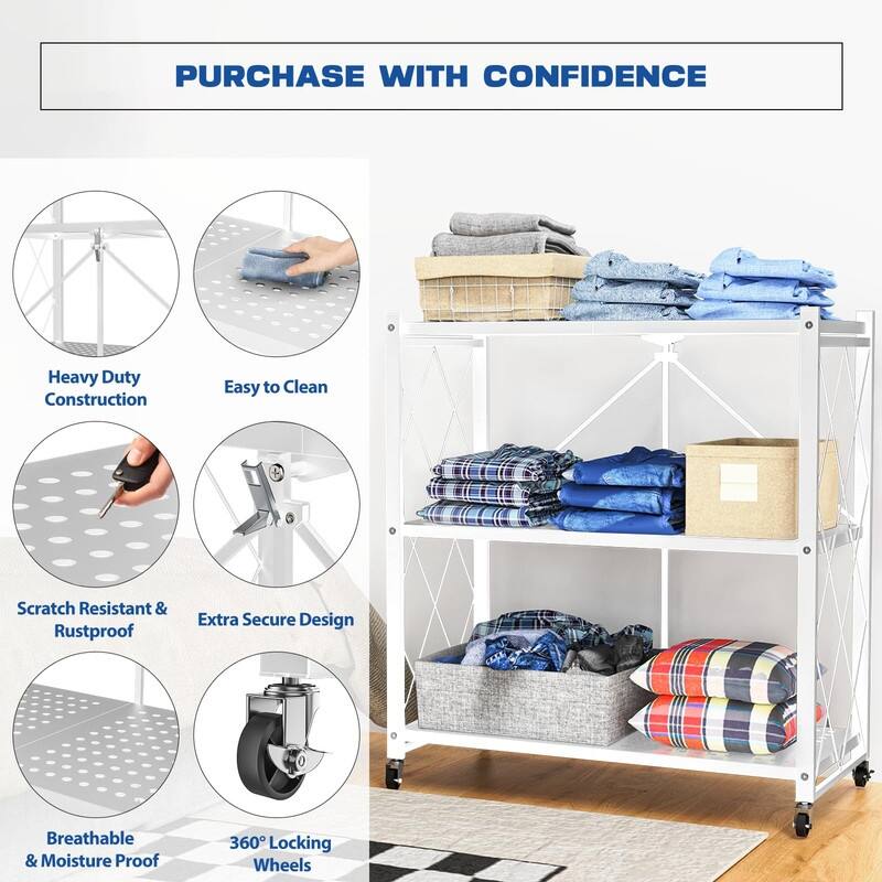 3-Tier Foldable Storage Shelf with Wheels - 13.25"D x 28"W x 33"H