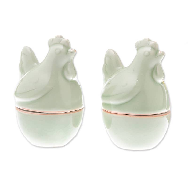 NOVICA Celadon ceramic egg cups, 'Hen Breakfast' (pair)