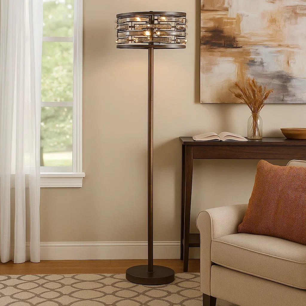 60 Inch Floor Lamp with Crystal Drum Shade, Metal Base, Antique Bronze.