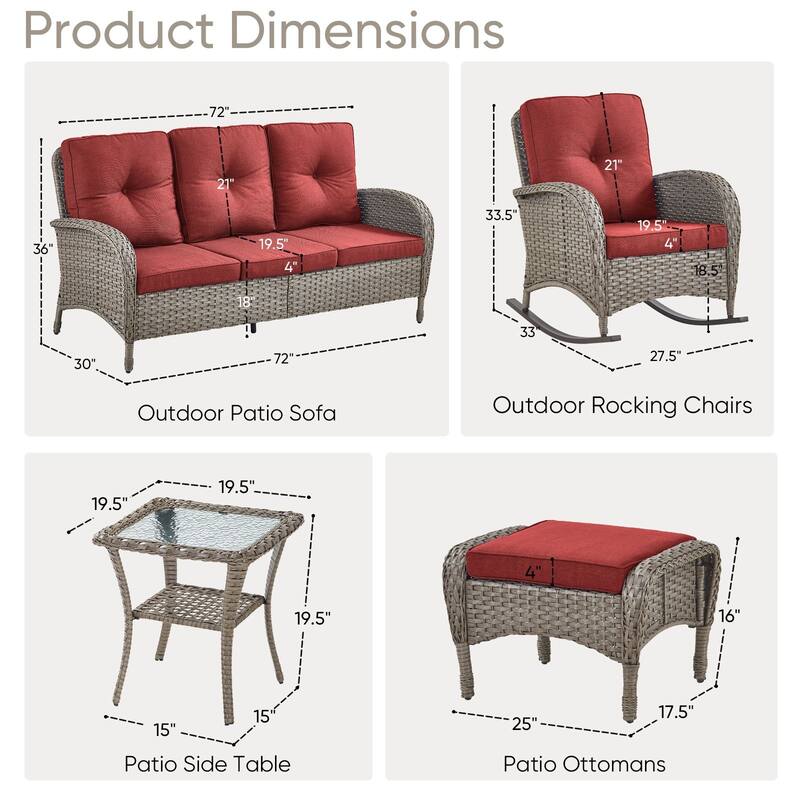 7 Pieces Rocker Chairs Sofa Ottomans Grey-Red - Grey