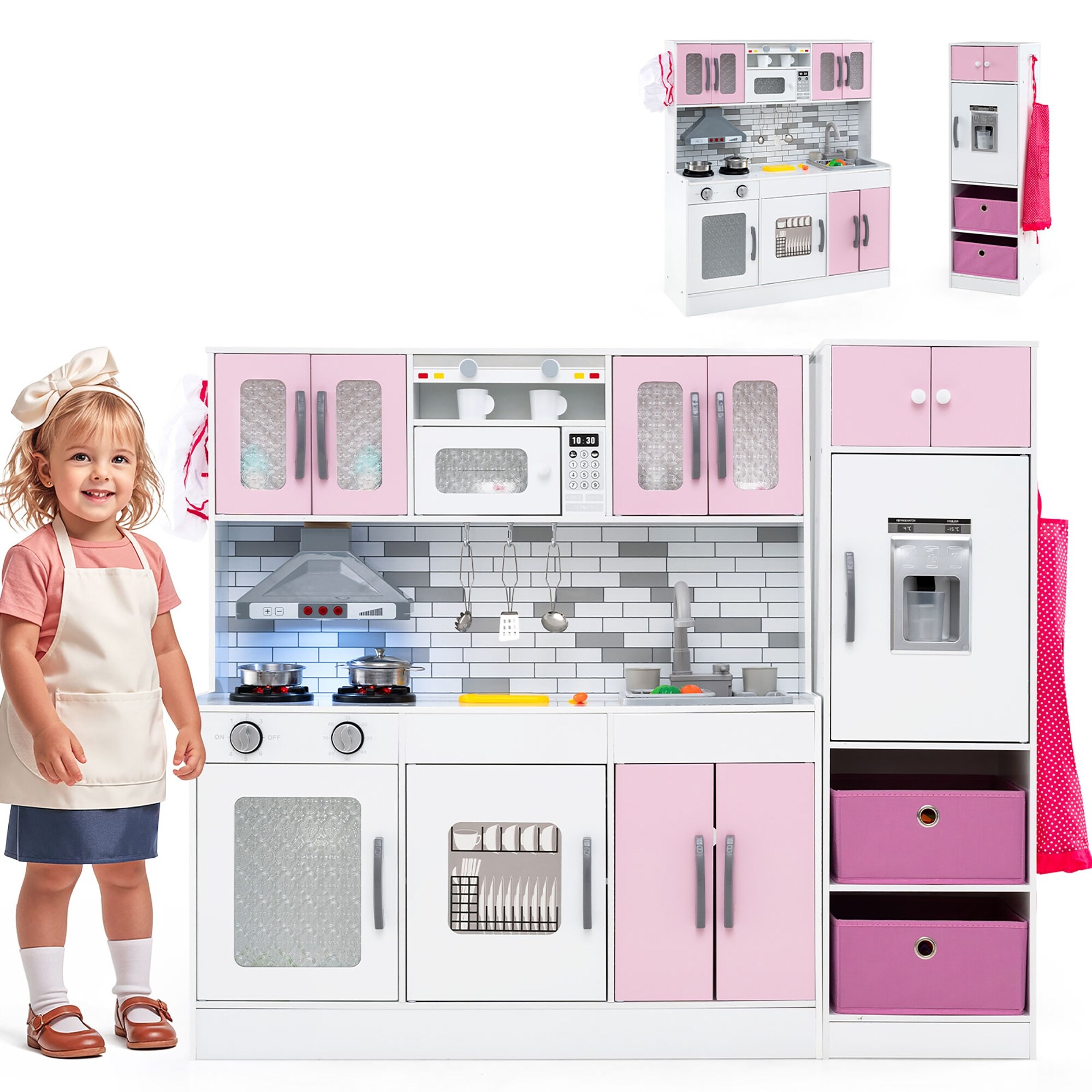 Gymax Wooden Kitchen Playset w/ Lights Sounds Interactive