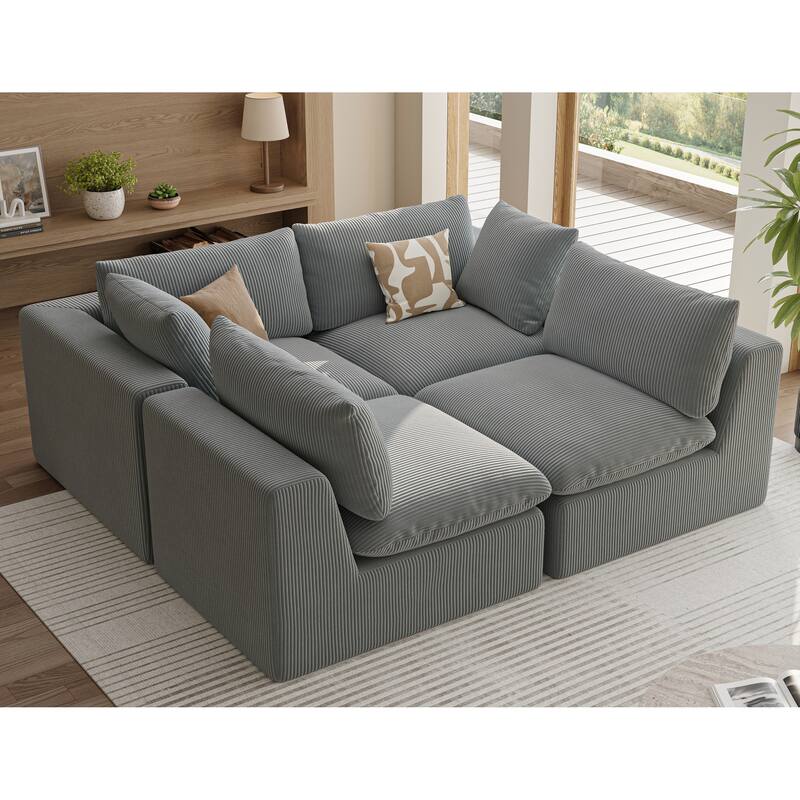 L Shape Modular Sectional Sofa, Oversized Corduroy Upholstered 4 Seater Sofa, Full Compression Deep Seat Sofa with 2 Pillows