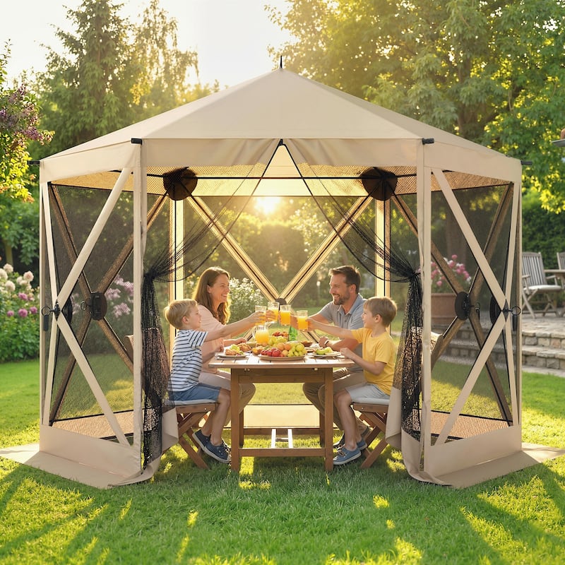 Outsunny 10 x 11 ft Pop Up Gazebo Screen Tent, Outdoor Portable Instant Camping Canopy Screen House Sun Shelter - Beige