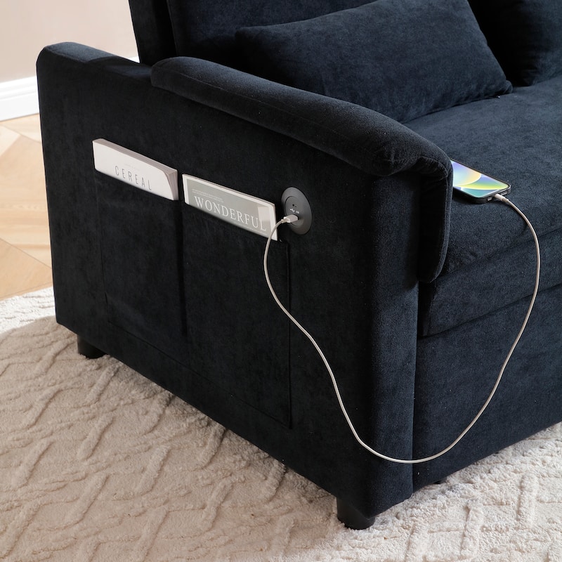 55" Velvet 2-Seater Sleeper Sofa with USB Ports & Storage Pockets