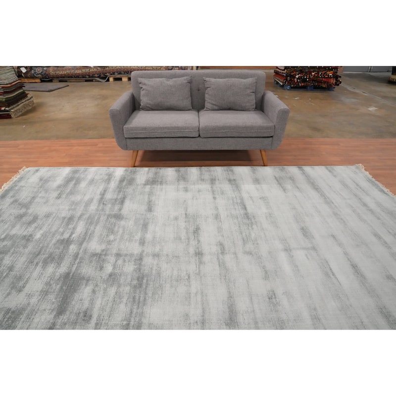 Hand Knotted Oriental Viscose Silk Carpet Modern Modern Greys & Charcoal Abstract Area Rug - 11' 4'' X 8' 1''