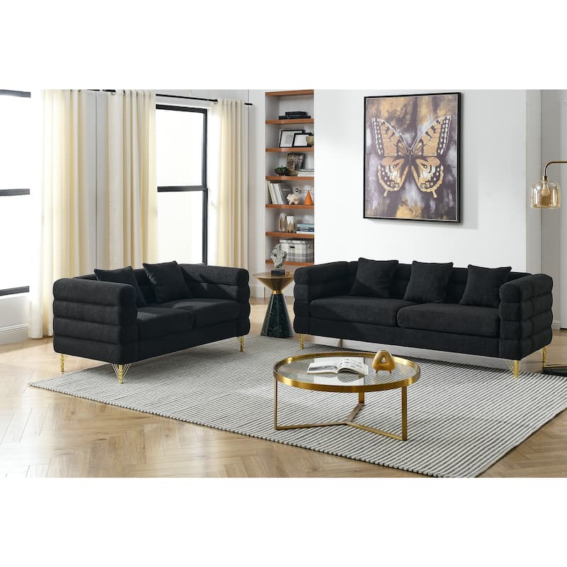 Roomfitters Luxury 3-Seater Teddy Fabric Sofa with Gold Metal Legs, Deep Seating Couch with Pillows