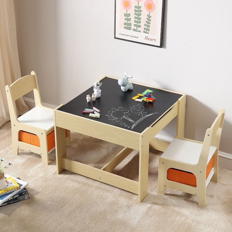 Kids Table and Chair Set, Wooden Activity Table with Storage Space and Boxes